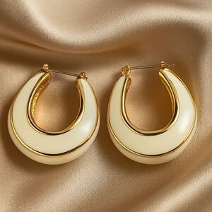 Luxe Enamel Crescent Hoop Earrings – Gold Trimmed Elegance 1" - Beige
